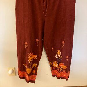 Chico's Burgundy 100% Linen Embroidered Look Wide Leg Pants Size 2 or 12 Boho